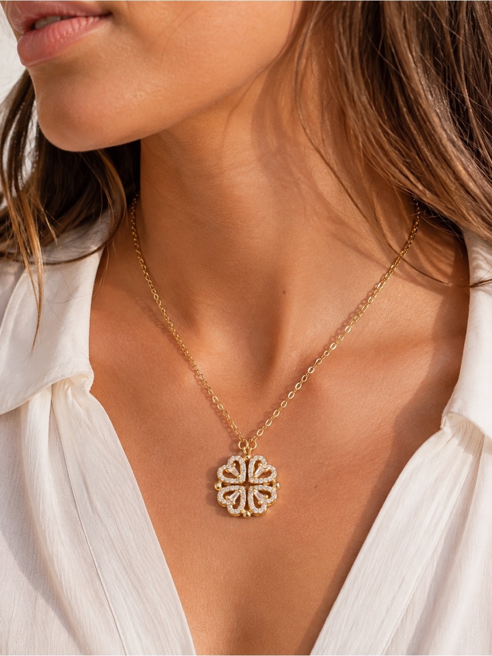 18K Gold Four Leaf Clover CZ Necklace Waterproof Stainless Steel